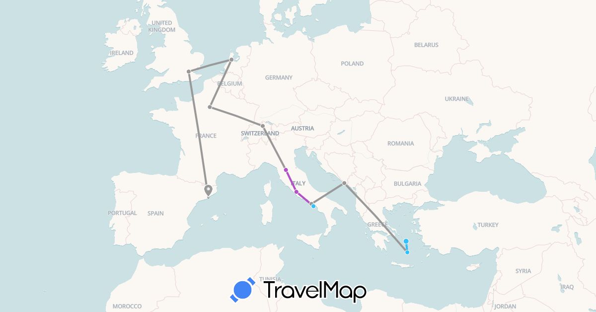 TravelMap itinerary: driving, plane, train, boat in Switzerland, Spain, France, United Kingdom, Greece, Croatia, Italy, Netherlands (Europe)